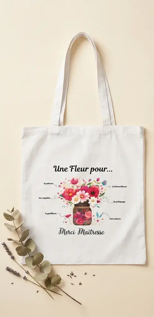 Tote bag « Merci Maîtresse » fleuri